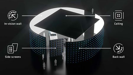 Graphic of the construction and dimensions related to obsticles of ARRI's virtual production studio in London, UK.