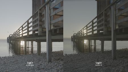 Side-by-side-image of a landing stage shot with ALEXA Mini LF on the left/ALEXA 35 in the right