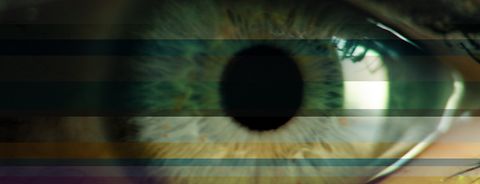 Collage of a green eye consisting of color variations of the same image