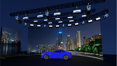 Graphic visualizing the options of a custom configuration of a mobile staging solution, configured by or rented from ARRI.