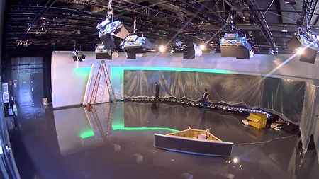 Inside Aragon TV broadcast studio while setup was being built.