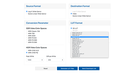 Screenshot of the online tool "ARRI LUT Generator"